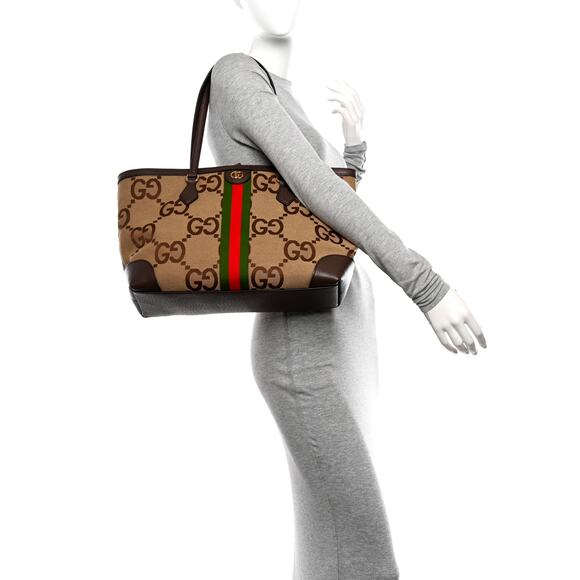 GUCCI Ophidia Jumbo GG Medium Tote Bag in Camel & Ebony Canvas Leather NEW - Picture 8 of 16